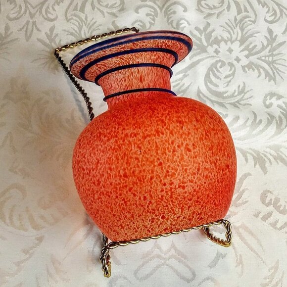 Handblown Mottled Orange Blue Swirl Art Glass Vase - Picture 4 of 6